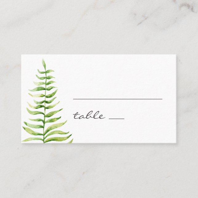 Carte De Placement fougère vert aquarelle. Mariage botanique des bois (Devant)