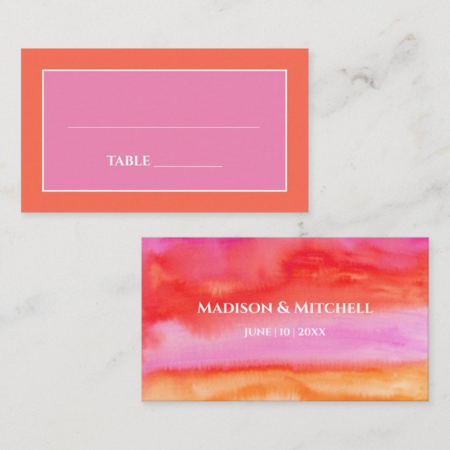 Carte De Placement Garden Sunrise Pink Orange Aquarelle Mariage (Devant / Derrière)