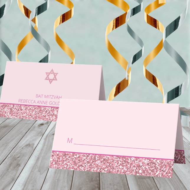 Carte De Placement Glam Pink Fun Siège Pour La Fête Bat mitzvah (These pink glam Bat Mitzvah place cards are so easy to personalize)