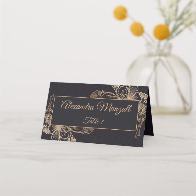 Carte De Placement Gold Black Faux Metal Floral Design Mariage (Devant)