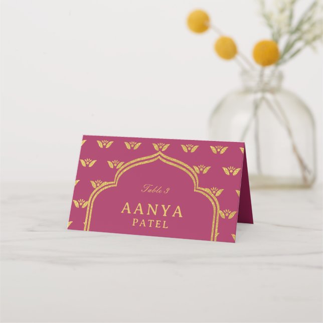 Carte De Placement Gold Elephant & Lotus Flower Mariage nom de l'esco (Devant)