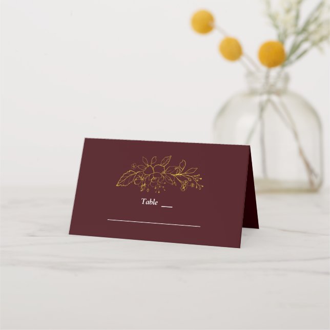 Carte De Placement Gold Floral Deep Burgundy Wedding Table Number (Devant)