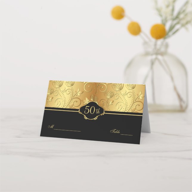 Carte De Placement Gold Floral Noir 50e Mariage Accueil Voiture (Devant)