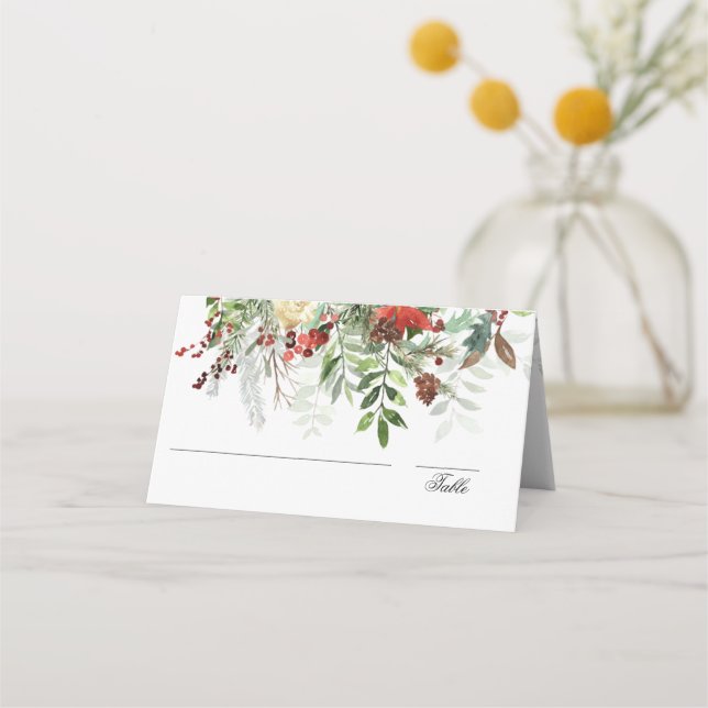 Carte De Placement Greens de Noël | Blanc | Mariage de Noël (Devant)