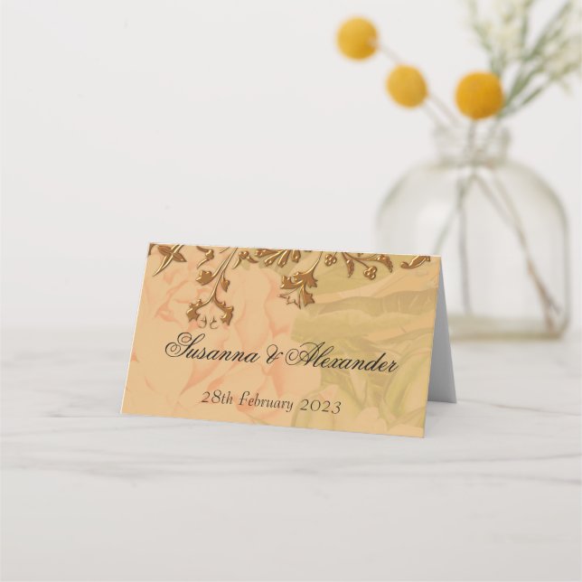 Carte De Placement Harvest Gold Peonies et Gold Scrolls Mariage Boho (Devant)