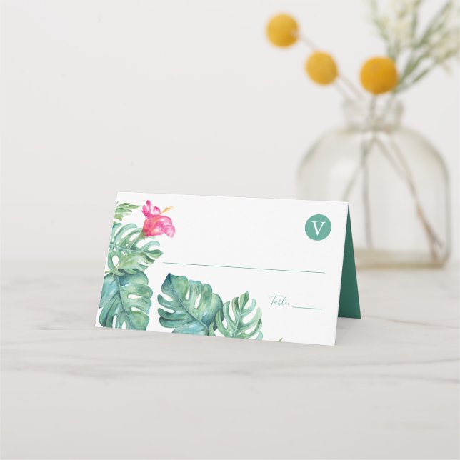 Carte De Placement Hibiscus tropicaux et aquarelle Mariage de verdure (Devant)