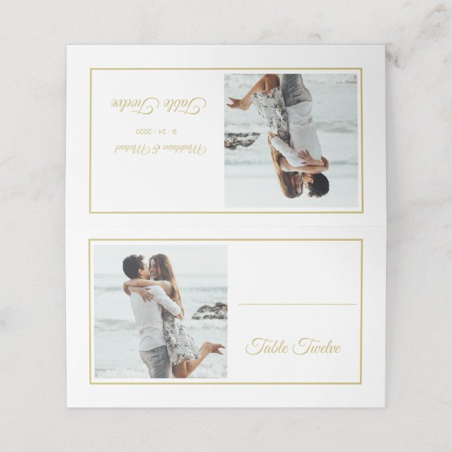 Carte De Placement Invités Elegant Photo Gold Mariage Numéro de table (Extérieur déplié)