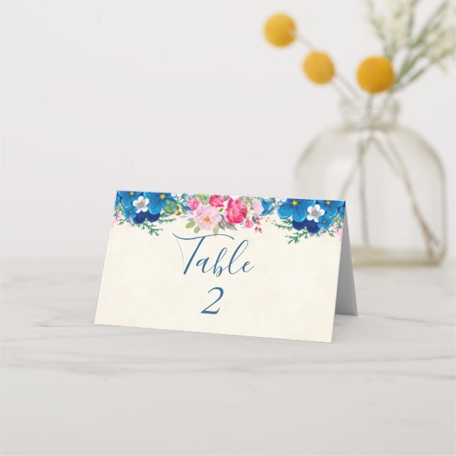 Carte De Placement Joli Mariage de frontière rose et bleu (Devant)