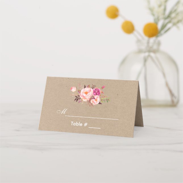 Carte De Placement Kraft Aquarelle Floral rose Mariage (Devant)