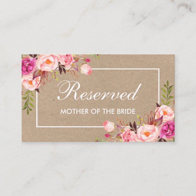Carte De Placement Kraft Aquarelle rose Floral Mariage Nom réservé (Devant)