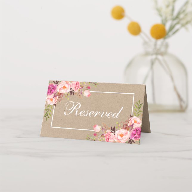 Carte De Placement Kraft Aquarelle rose Floral Mariage Réservé (Devant)