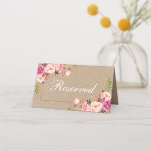 Carte De Placement Kraft Aquarelle rose Floral Or Mariage Réservé