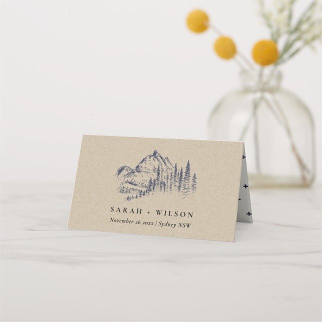 Carte De Placement Kraft Navy Pine Woods Mountain Sketch Mariage (Devant)