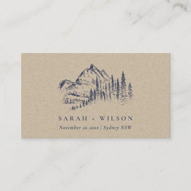 Carte De Placement Kraft Navy Pine Woods Mountain Sketch Mariage (Devant)