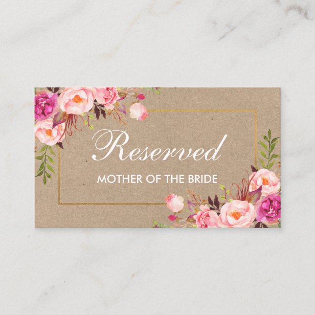 Carte De Placement Kraft Pink Floral Gold Mariage Nom réservé (Devant)