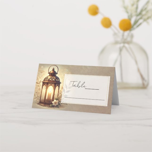 Carte De Placement Lanterne Bronze Doré Mariage Table Rustique (Devant)
