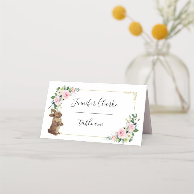Carte De Placement Lapin rose et doré Lapin Floral (Devant)