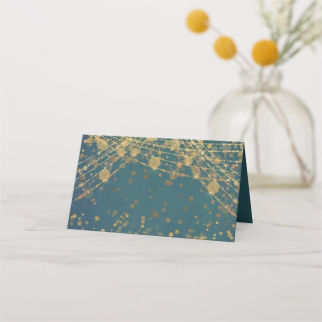Carte De Placement Lumières de chaîne scintillantes sarcelle or Bokeh (Devant)