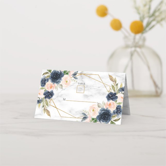 Carte De Placement Marbre bleu bleu marine Mariage géométrique floral (Devant)