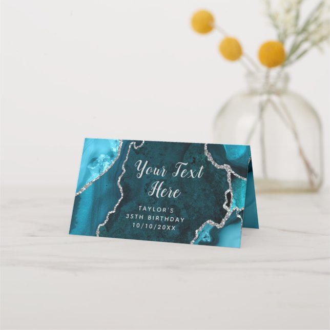 Carte De Placement Marbre turquoise et Argent Agate Anniversaire (Devant)