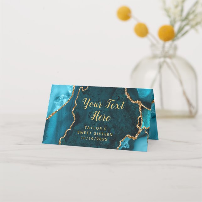 Carte De Placement Marbre turquoise et or Agate Sweet sixteen (Dos)