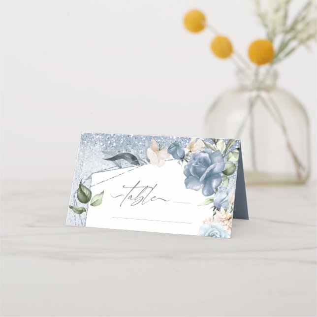 Carte De Placement Mariage à étincelles florales Dusty Blue ID889 (Devant)