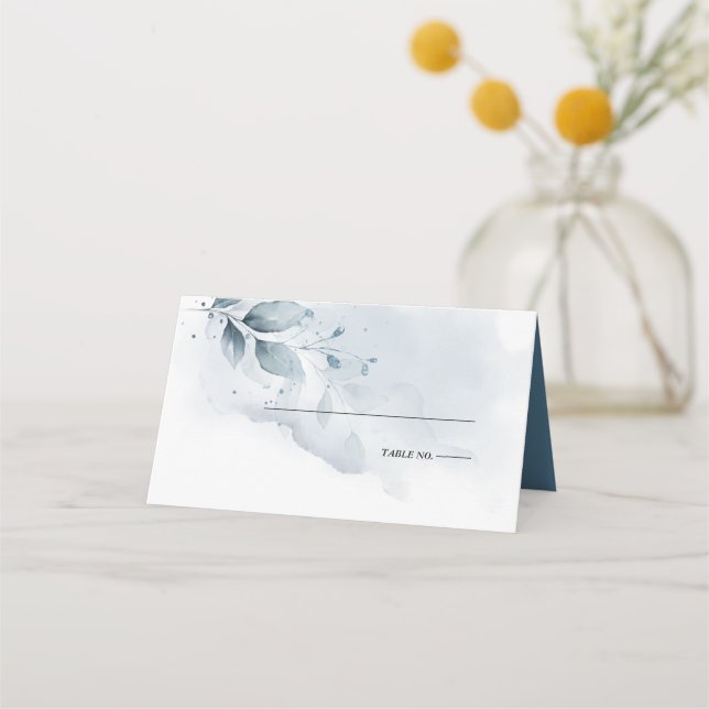 Carte De Placement Mariage | Aquarelle rustique Dusty Blue Foliing (Devant)