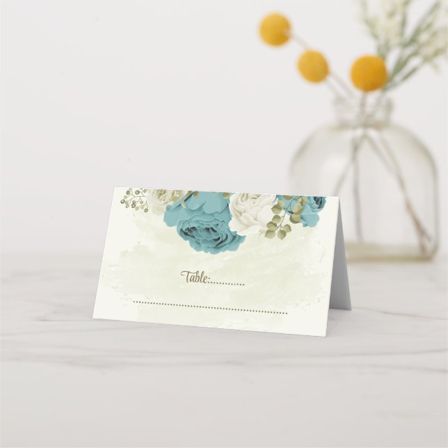 Carte De Placement mariage bleu blanc fleurs verdure (Devant)