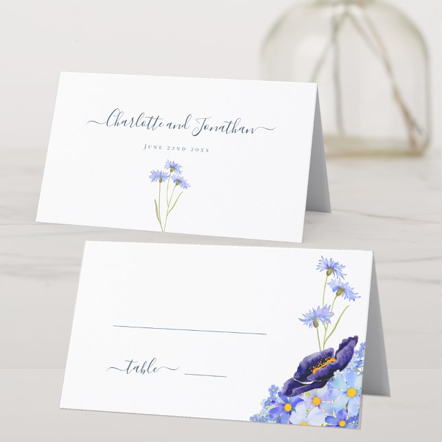 Carte De Placement Mariage bleu Fleur sauvage moderne (Unique hand painted wildflower watercolor artwork by artist Catherine Sweetman )