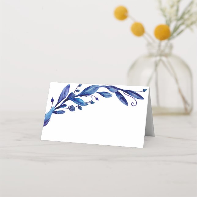 Carte De Placement Mariage botanique bleu aquarelle. Feuillage floral (Devant)