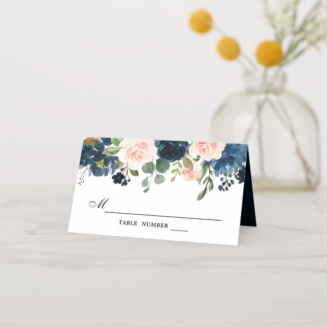 Carte De Placement Mariage botanique bleu bleu rose bleu marine (Devant)