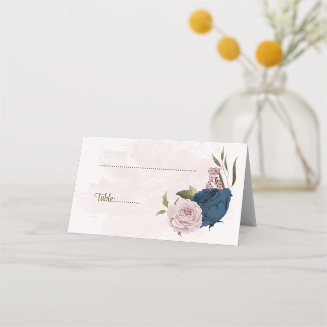 Carte De Placement Mariage botanique de fleurs rose et marine (Devant)