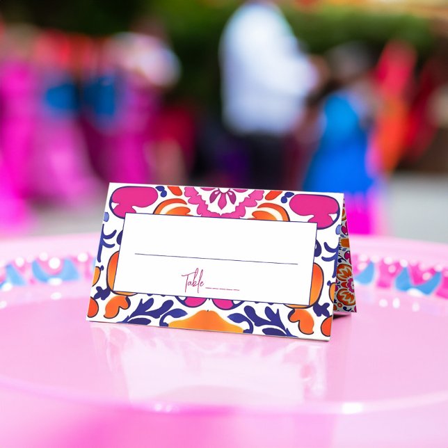 Carte De Placement Mariage carreaux de talavera mexicain rose orange (Pink orange blue Mexican Talavera tiles printed wedding Place Card personalized table decor)