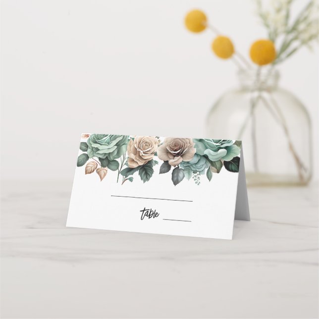 Carte De Placement Mariage champêtre floral beige et vert émeraude (Devant)