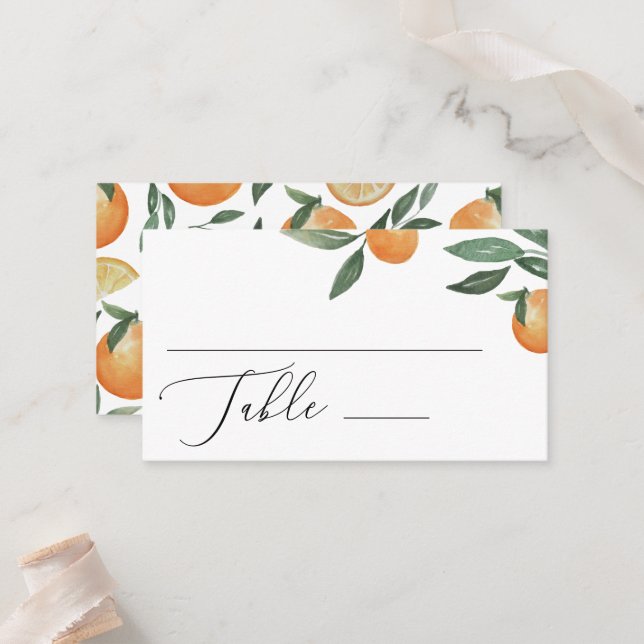 Carte De Placement Mariage d'agrumes aquarelle. Le jardin fleuri d'ét (Devant/Arrière en situation)