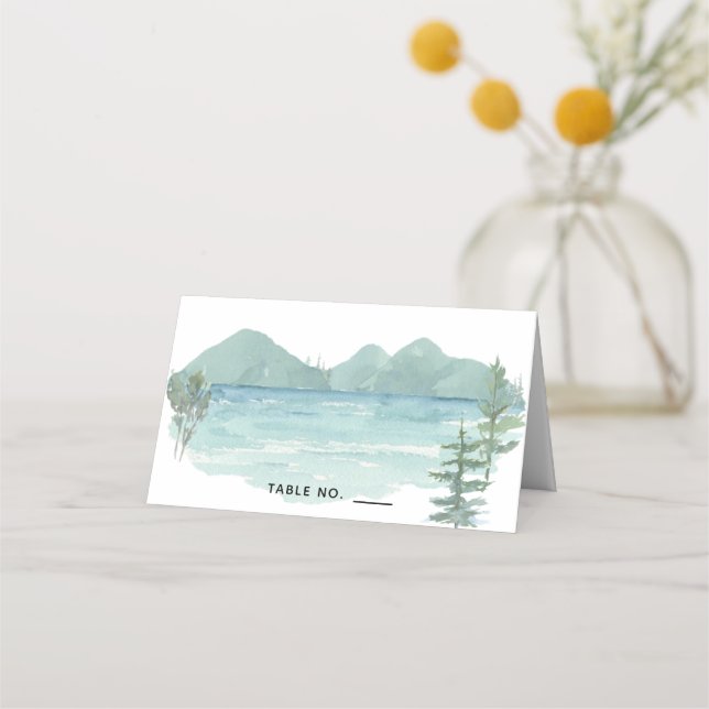 Carte De Placement Mariage d'aquarelle du lac Mountain (Devant)