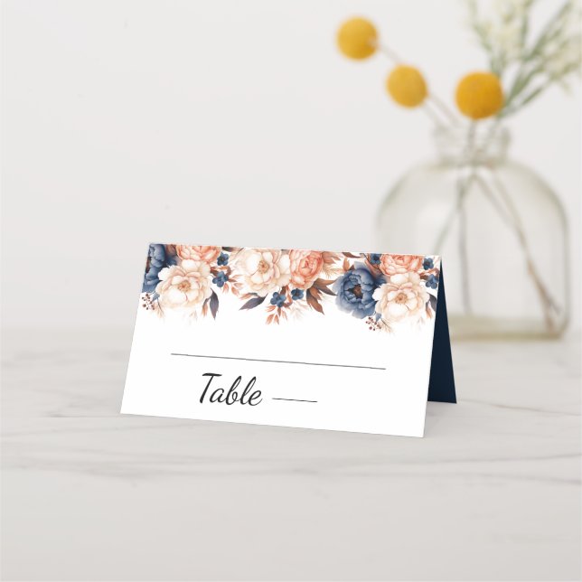 Carte De Placement Mariage d'aquarelle fleurie bleu et terre cuite (Devant)