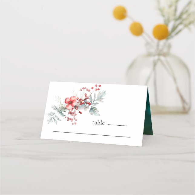 Carte De Placement Mariage d'aquarelle florale de Noël d'hiver (Devant)