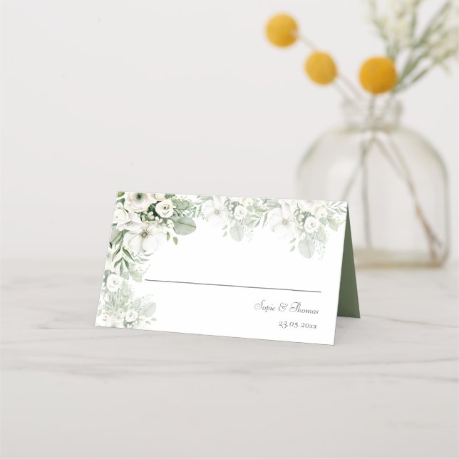 Carte De Placement Mariage d'aquarelle vert pâle rose à  (Devant)