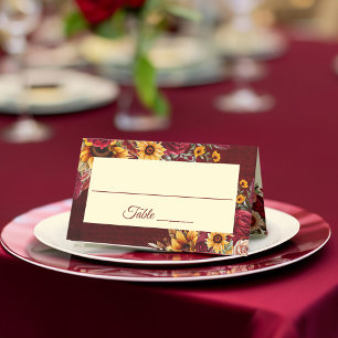 Carte De Placement Mariage d'automne roses bordeaux tournesols jaunes