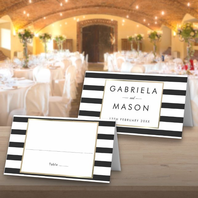 Carte De Placement Mariage de bande classique | Faux Gold Foil (Classic Stripe Wedding | Faux Gold Foil Place Card)