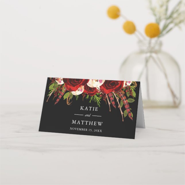 Carte De Placement Mariage de Boho Floral de Bourgogne noire (Dos)