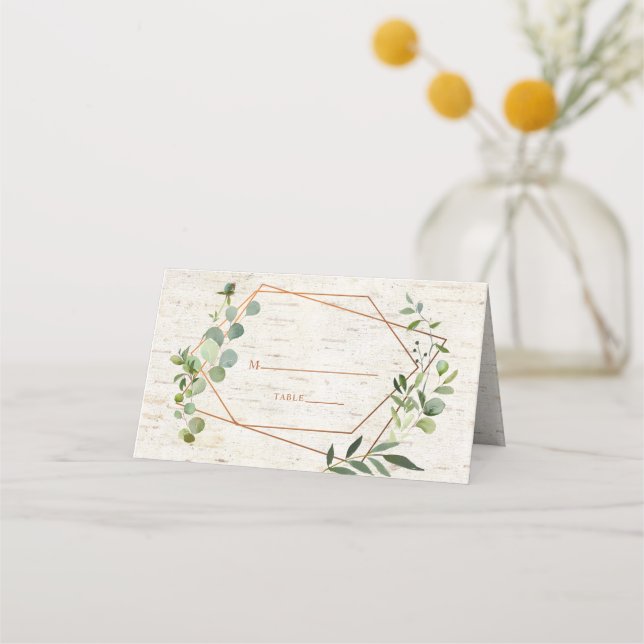Carte De Placement Mariage de bouleau Eucalyptus géométrique en cuivr (Devant)