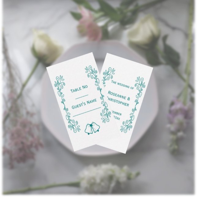 Carte De Placement Mariage de conception turquoise pour le défilement (Teal wedding place setting card bells and scrollwork design)