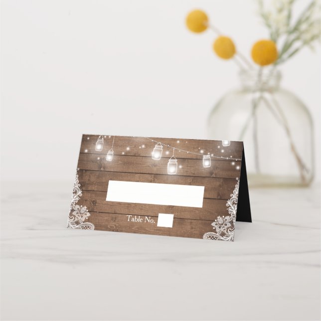 Carte De Placement Mariage de dentelle en bois rustique Mason Jar (Devant)