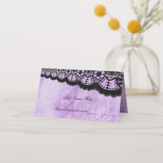Carte De Placement Mariage de dentelle noire gothique violet Grunge (Devant)