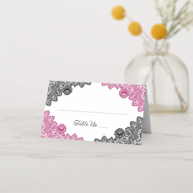 Carte De Placement Mariage de dentelle rose et noire chaud (Devant)