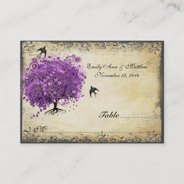 Carte De Placement Mariage de feuille d'arbre de coeur violet radiant (Devant)