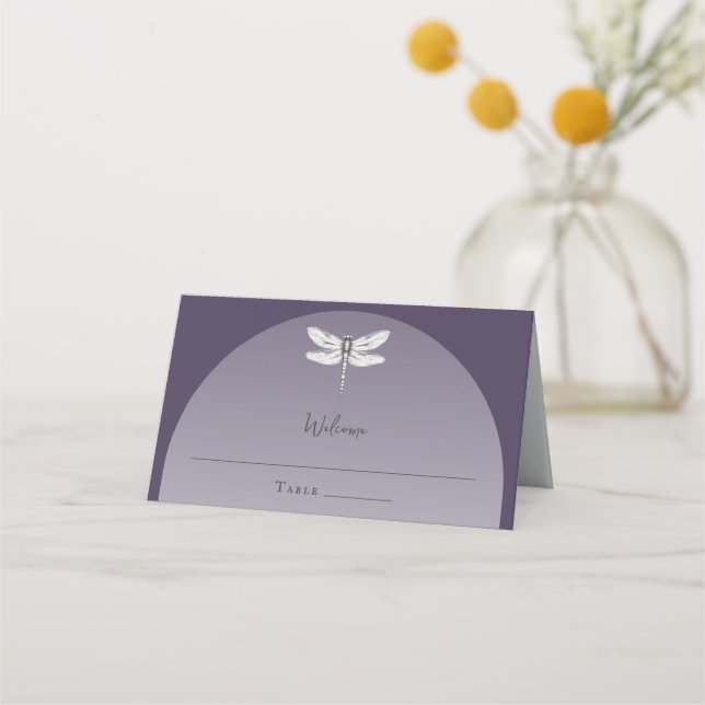 Carte De Placement Mariage de libellules violettes foncées (Devant)