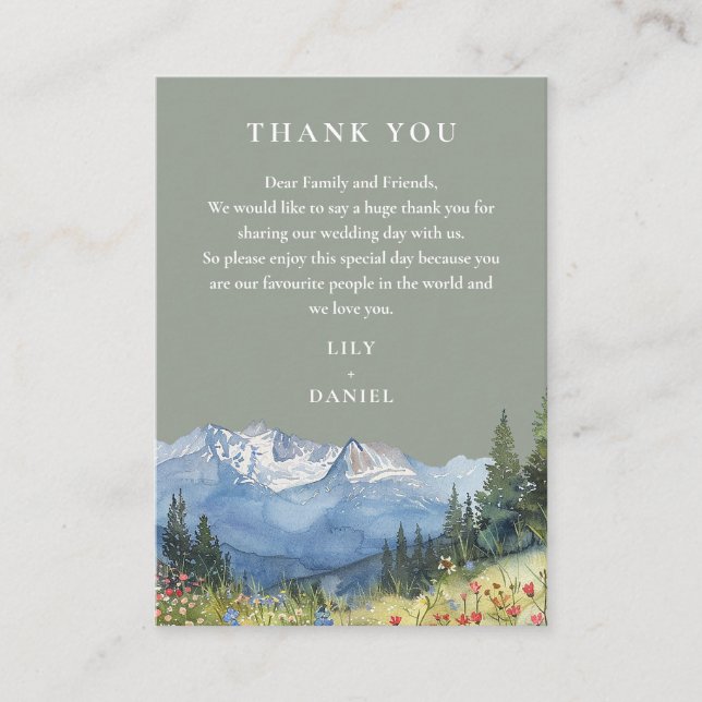 Carte De Placement Mariage de montagne Sage Green Watercolor Merci (Devant)